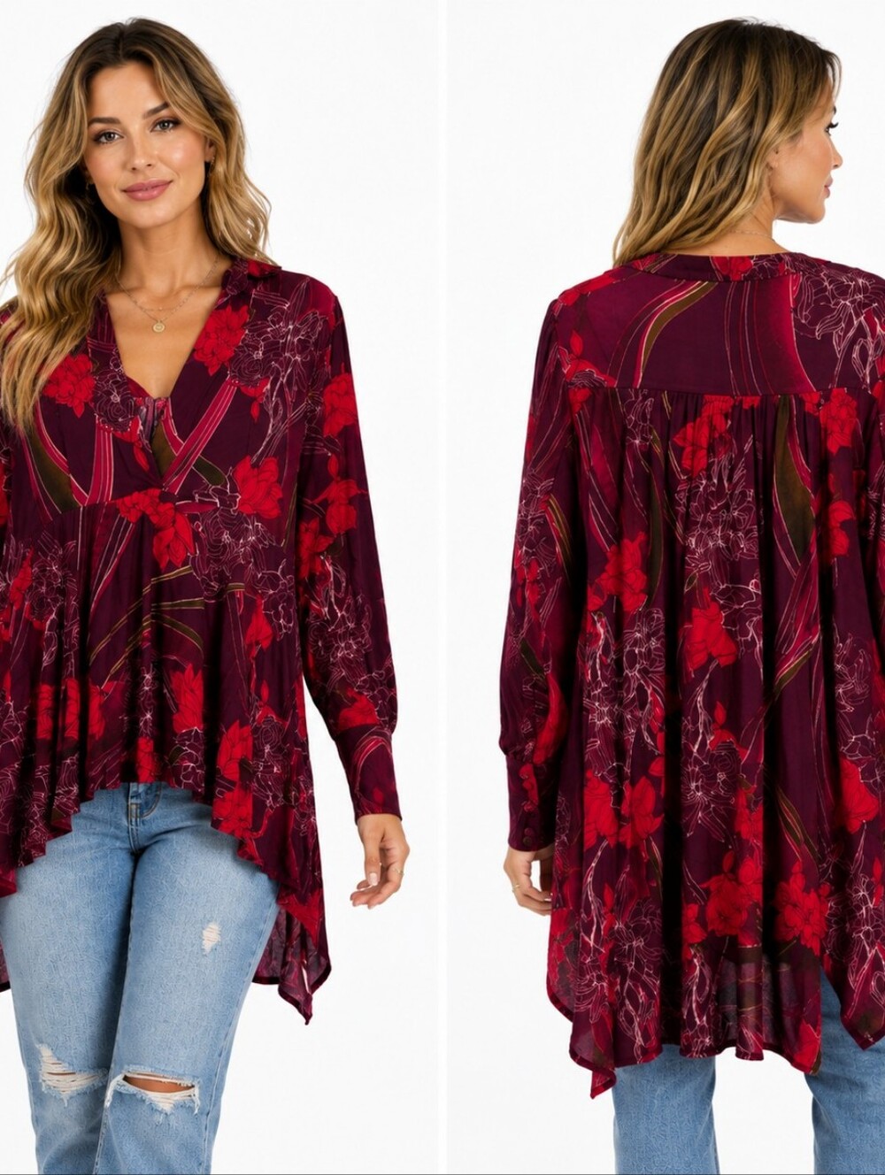 Free‎ People Oversized Floral V-Neck Tunic Blouse M Red Boho High Low Ethereal